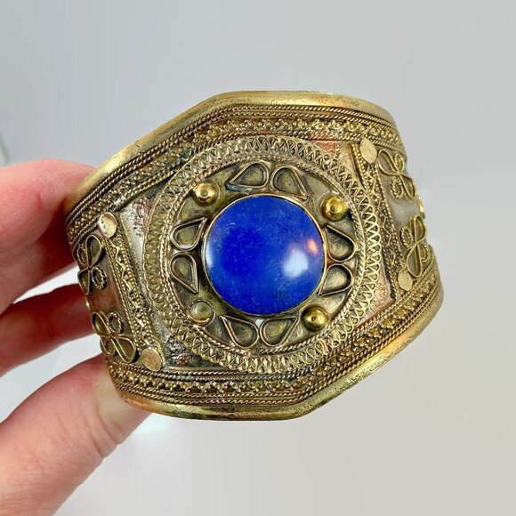 Jewelry - Vintage Bracelet Afghan: Middle Eastern Cuff Silver Brass Mixed Metal